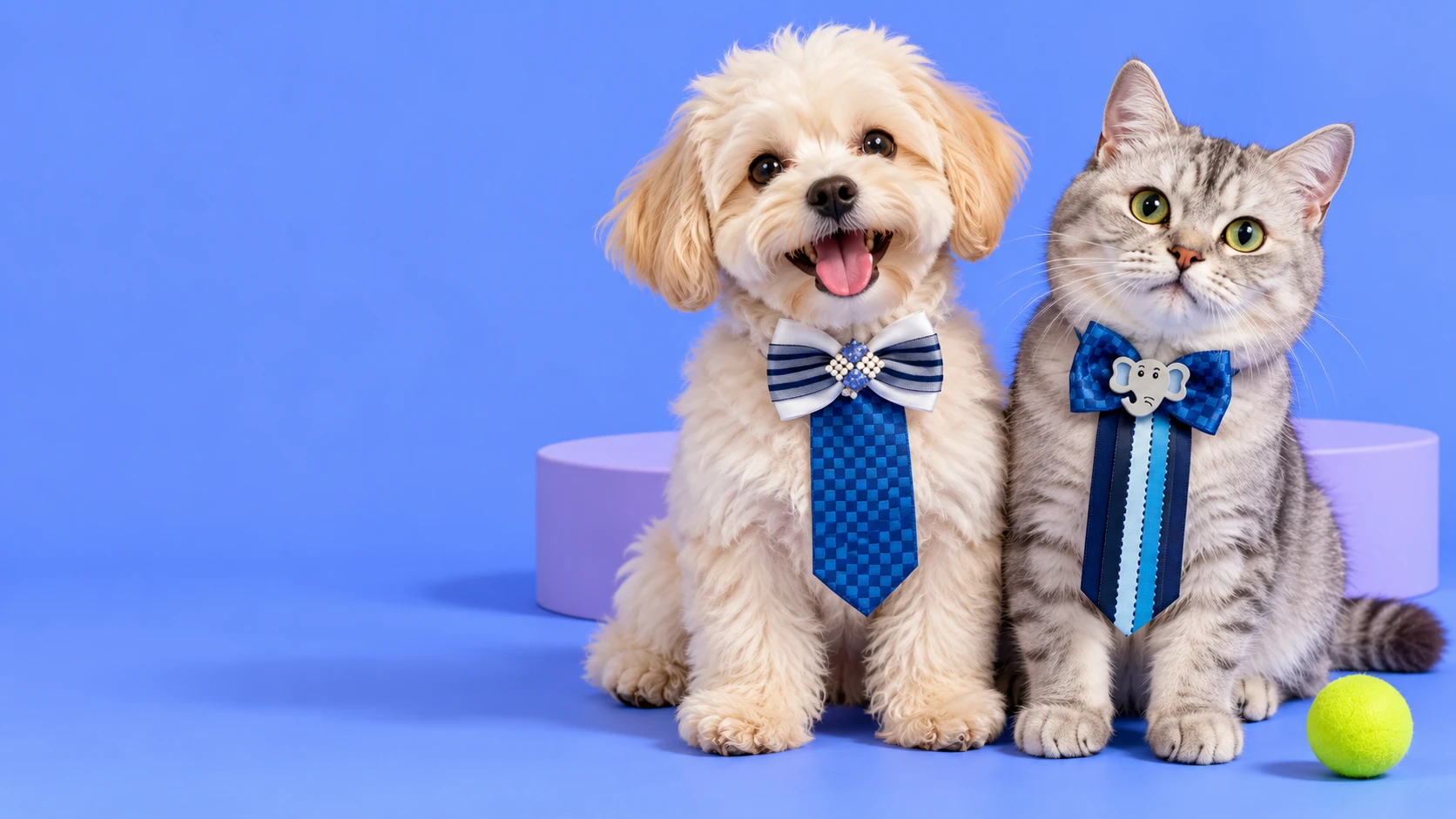 Un chien et un chat avec leurs nœuds et cravates bleus sur un fond bleu lumineux